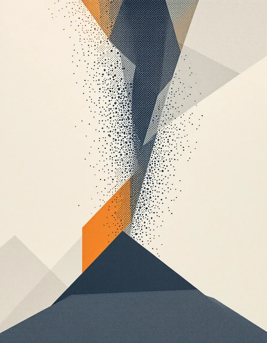 Abstrakte Illustration: Halbtonpunkte lösen sich von einer gefalteten Zeitungsseite und ordnen sich zu einem präzisen Raster – Sinnbild für den Weg von Print zu produktiver KI.